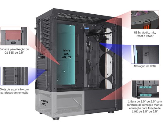 Gabinete Gamer CG-01A9 Bifrost 6 Led Rgb Preto CG01A9RH001 - KMEX