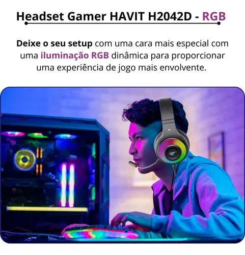 Headset Gamer Havit H2042D Preto com RGB, Conexão 2x P2, Microfone Ajustável e Som Estéreo de Alta Qualidade