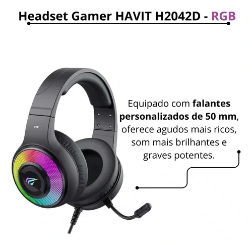 Headset Gamer Havit H2042D Preto com RGB, Conexão 2x P2, Microfone Ajustável e Som Estéreo de Alta Qualidade