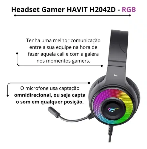 Headset Gamer Havit H2042D Preto com RGB, Conexão 2x P2, Microfone Ajustável e Som Estéreo de Alta Qualidade