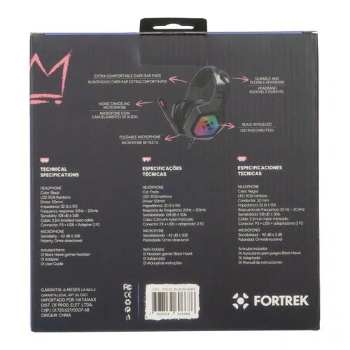 Headset Gamer P3 2,2M Fortrek Black Hawk RGB Preto 70530