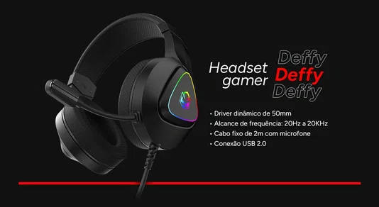 Headset Gamer USB Deffy Black Vulcan RGB Microfone Omnidirecional PCYES HGDF50BV
