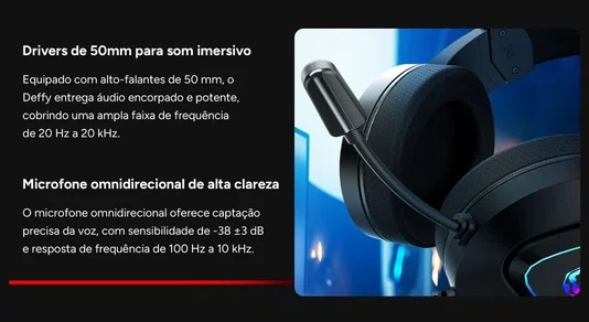 Headset Gamer USB Deffy Black Vulcan RGB Microfone Omnidirecional PCYES HGDF50BV