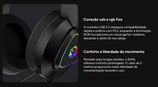 Headset Gamer USB Deffy Black Vulcan RGB Microfone Omnidirecional PCYES HGDF50BV