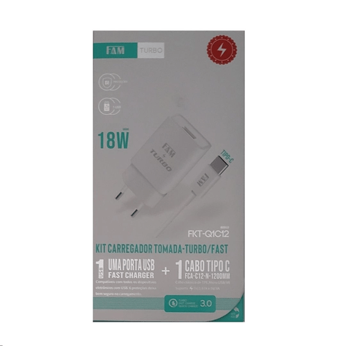 Kit Carregador C/Tomada Turbo C/Cabo Tipo C FKT-Q1C12 BRANCO - Fam