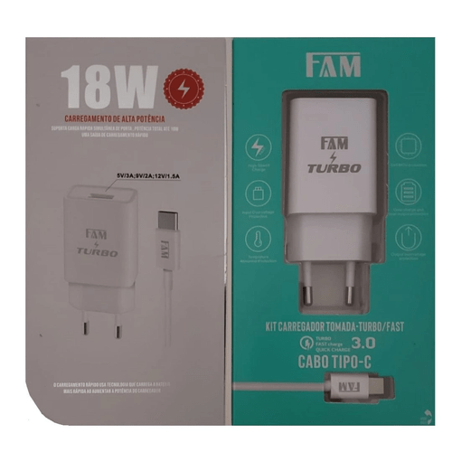 Kit Carregador C/Tomada Turbo C/Cabo Tipo C FKT-Q1C12 BRANCO - Fam
