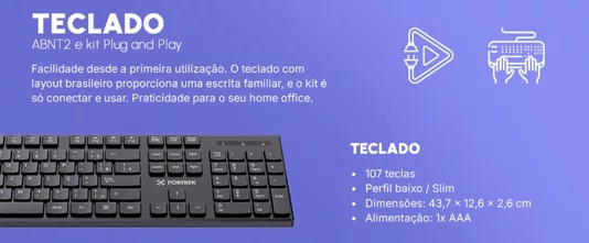 Kit Teclado e Mouse Sem Fio Fortrek Office CW11 Preto
