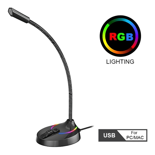 Microfone Gamer de Mesa GTGK1, Preto, com Iluminação RGB e Base Estável