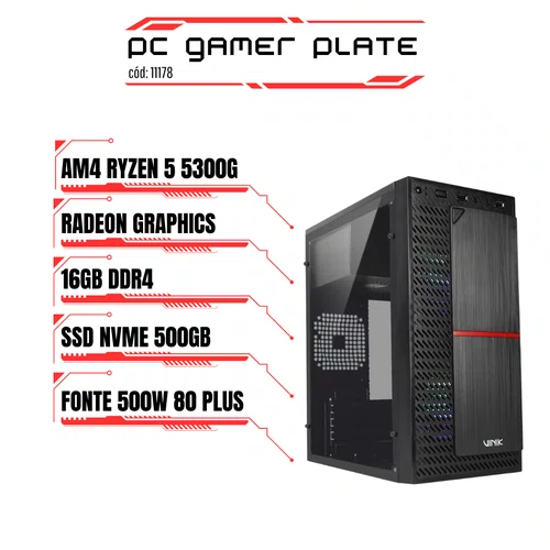 PC Gamer Plate AM4 Ryzen 5 5300G, Radeon Graphics, 16GB DDR4, SSD NVME 500GB, 500W 80 Plus