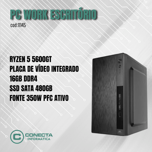 PC WORK RYZEN 5 5600GT, A520, 16GB DDR4, SSD 480GB, 350W PFC ATIVO