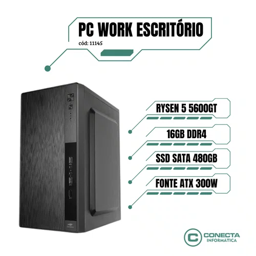 PC Work Ryzen 5 5600GT, A520, 16GB DDR4, SSD 480GB, Fonte 300W PFC Ativo