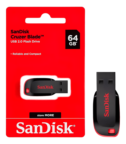 Pen Drive SanDisk 64GB USB 2.0 Cruzer Blade SDCZ50-064G - Preto/Vermelho