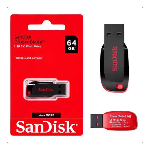 Pen Drive SanDisk 64GB USB 2.0 Cruzer Blade SDCZ50-064G - Preto/Vermelho