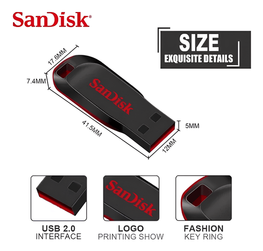 Pen Drive SanDisk 64GB USB 2.0 Cruzer Blade SDCZ50-064G - Preto/Vermelho