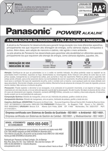 Pilha Alcalina Pequena AA C/2 LR6XAB/2B - PANASONIC