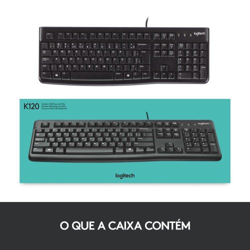 Teclado Desktop K120 USB ABNT2 Teclas de perfil plano Resistente a derramamentos Preto 920-002481 - Logitech