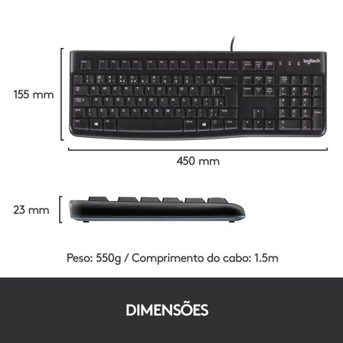 Teclado Desktop K120 USB ABNT2 Teclas de perfil plano Resistente a derramamentos Preto 920-002481 - Logitech