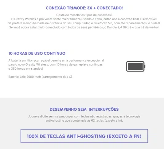 TECLADO GAMER MECANICO WIRELESS GRAVITY 65 AIR BRANCO
