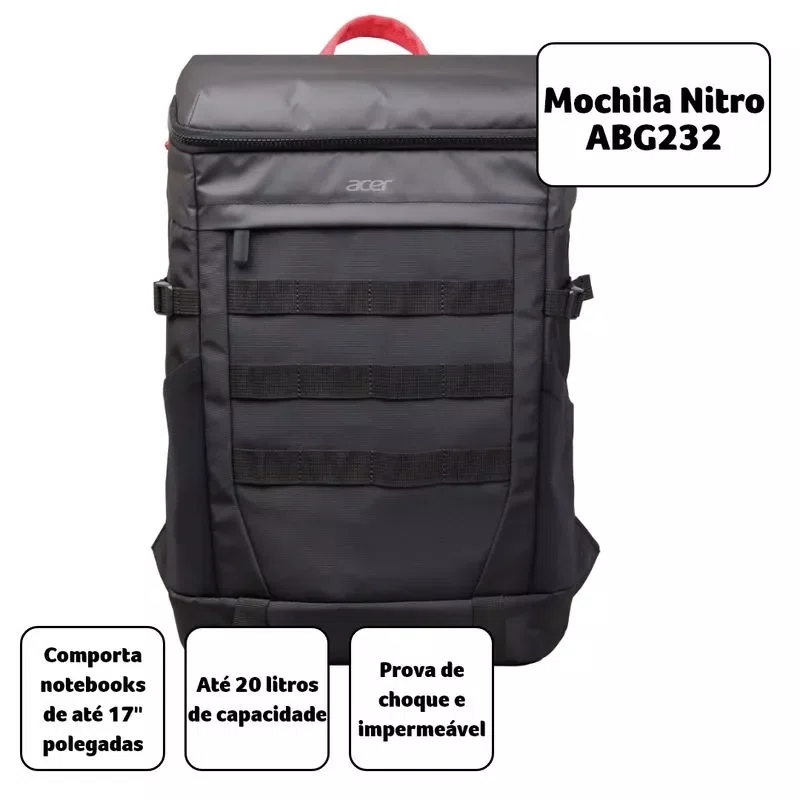Mochila Acer Nitro ABG232, para Notebook até 17", Alça Reforçada – Preta/Vermelha Mochila Acer Nitro ABG232, para Notebook até 17", Alça Reforçada – Preta/Vermelha