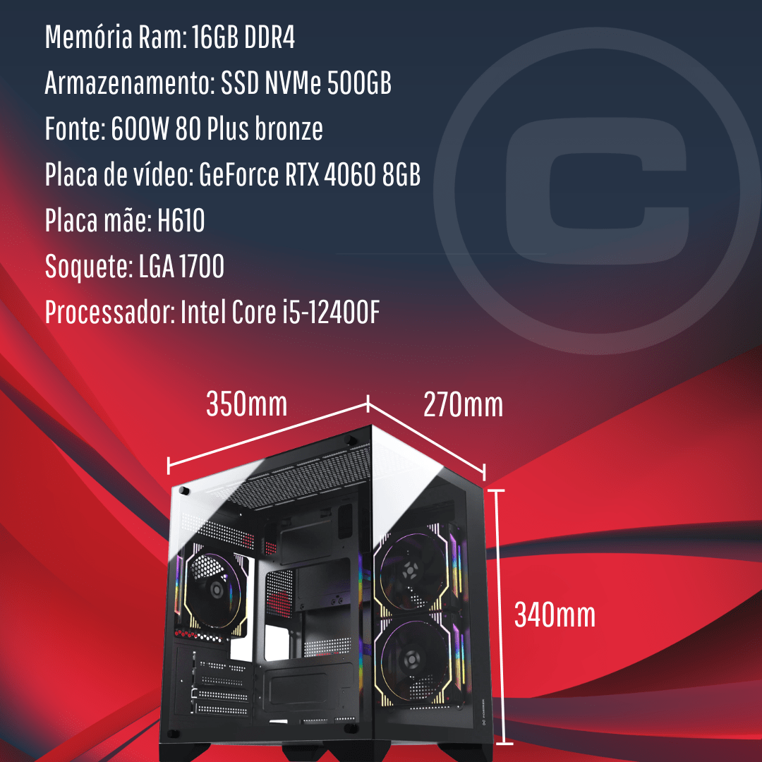 PC GAMER CLARITY INTEL I5-12400F, GEFORCE RTX 4060 8GB, 16GB DDR4, SSD NVME 500GB, 600W 80 PLUS PC GAMER CLARITY INTEL I5-12400F, GEFORCE RTX 4060 8GB, 16GB DDR4, SSD NVME 500GB, 600W 80 PLUS