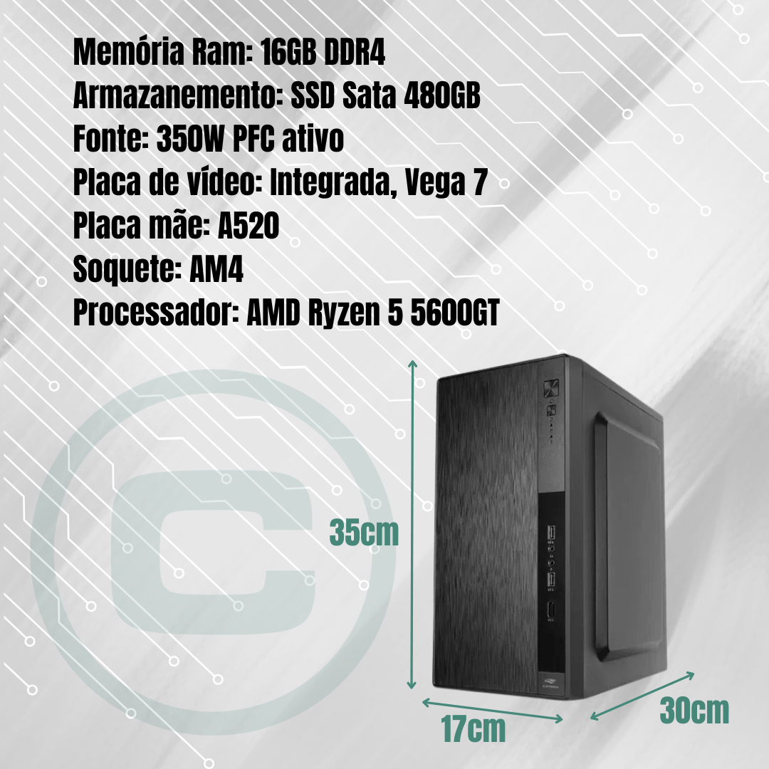 PC WORK RYZEN 5 5600GT, A520, 16GB DDR4, SSD 480GB, 350W PFC ATIVO PC WORK RYZEN 5 5600GT, A520, 16GB DDR4, SSD 480GB, 350W PFC ATIVO