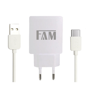 Kit Carregador C/Tomada Turbo C/Cabo Tipo C FKT-Q1C12 BRANCO - Fam