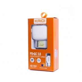 KIT CARREGADOR TURBO + CABO  USB-C 20W, PD + QC 3.0 KD-106C